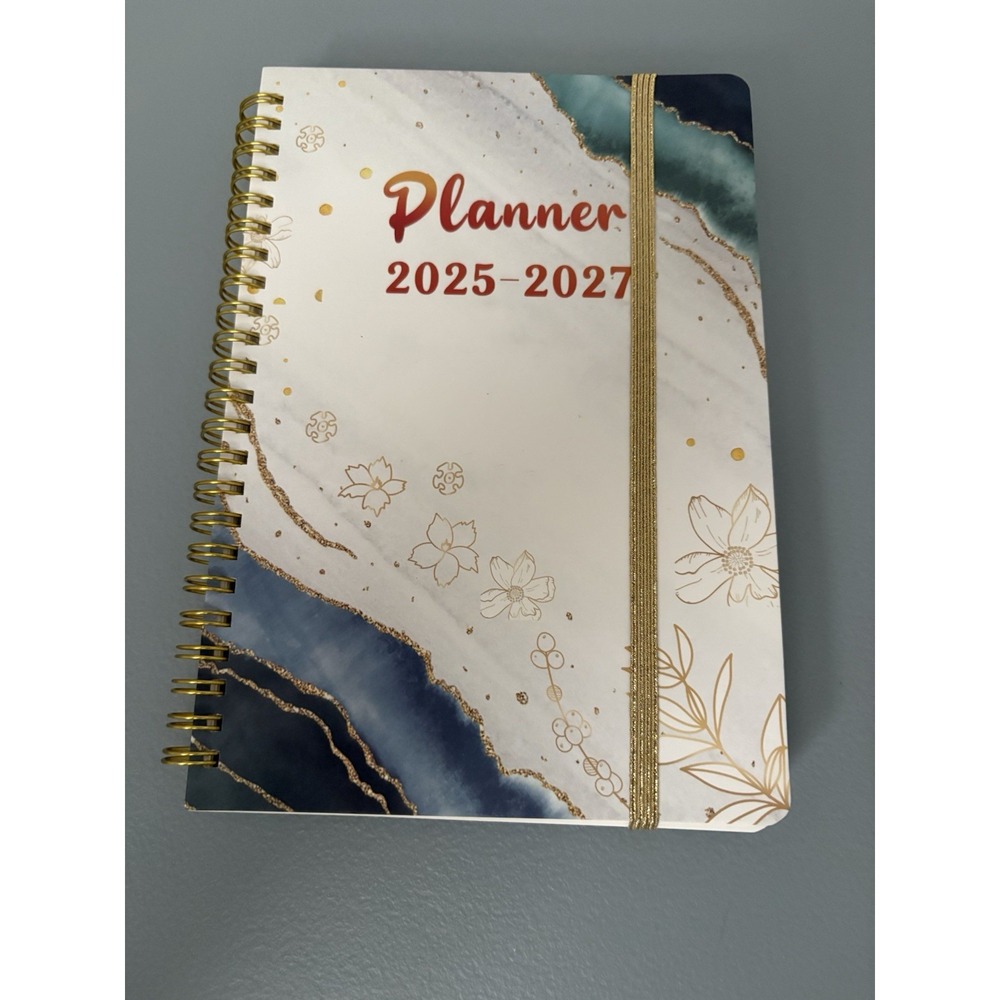 Planner Book 2025-2027 blue gold white floral weekly planner calendar with pen